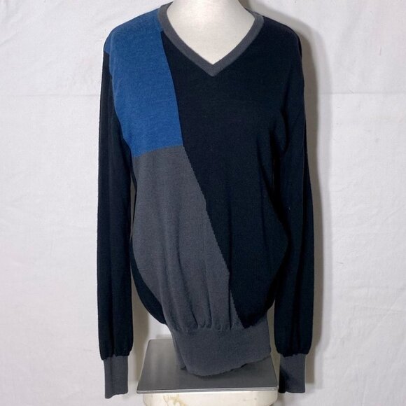 Matinique Black Blue Grey Colour Block Wool Long Sleeve V Neck Sweater M - Picture 6 of 10